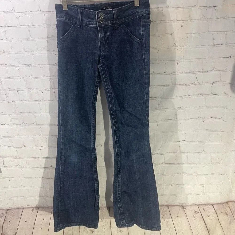 Vigoss Womens Mid Rise Wide Flare Dark Wash Denim Blue Jeans Trousers